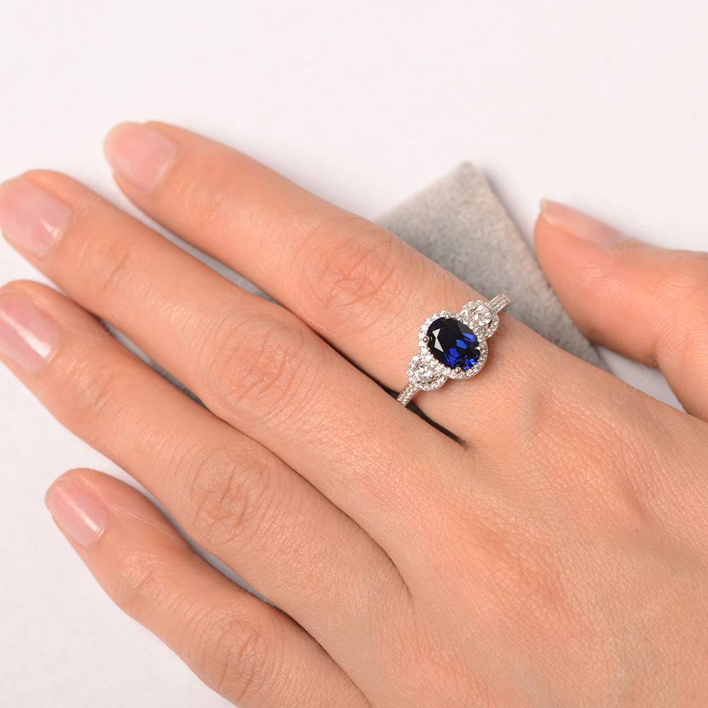 Oval Lab Sapphire Ring Halo Engagement Ring - LUO Jewelry