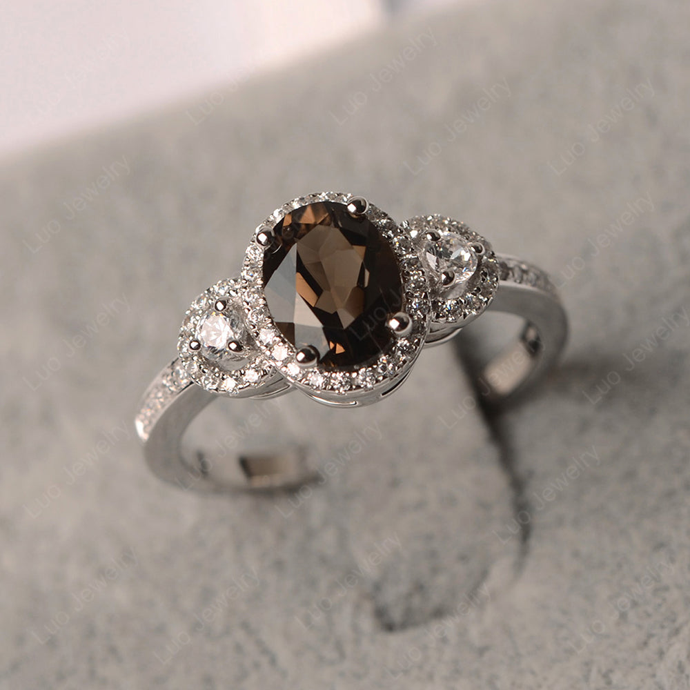 Oval Smoky Quartz  Ring Halo Engagement Ring - LUO Jewelry