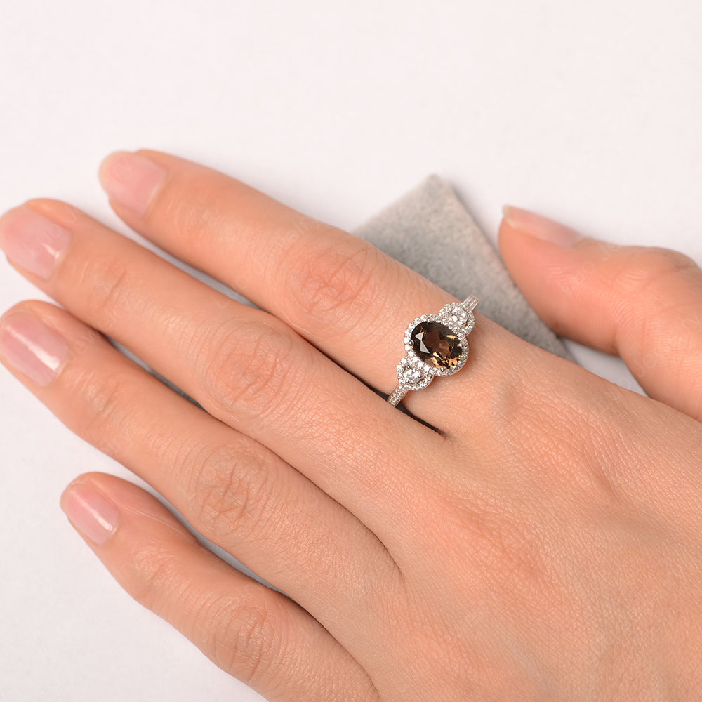 Oval Smoky Quartz  Ring Halo Engagement Ring - LUO Jewelry