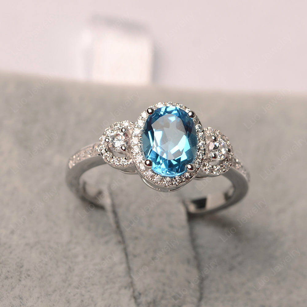 Oval Swiss Blue Topaz Ring Halo Engagement Ring - LUO Jewelry