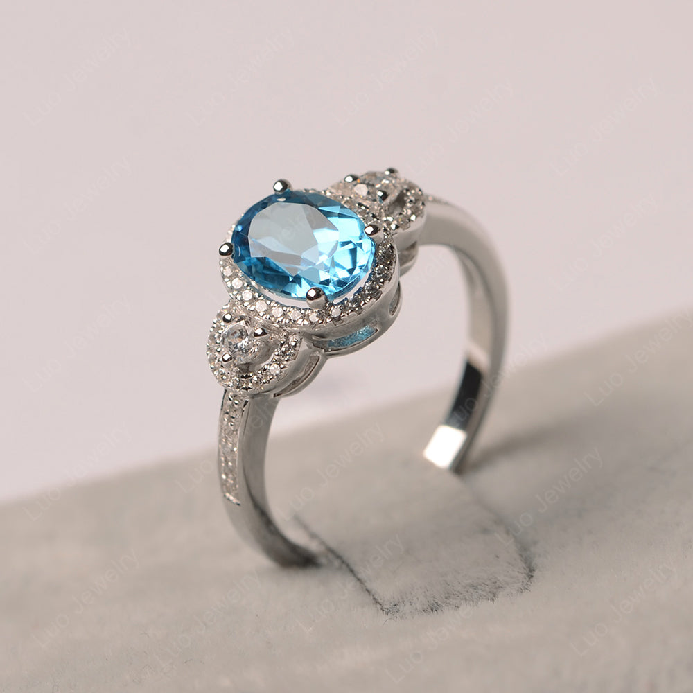 Oval Swiss Blue Topaz Ring Halo Engagement Ring - LUO Jewelry
