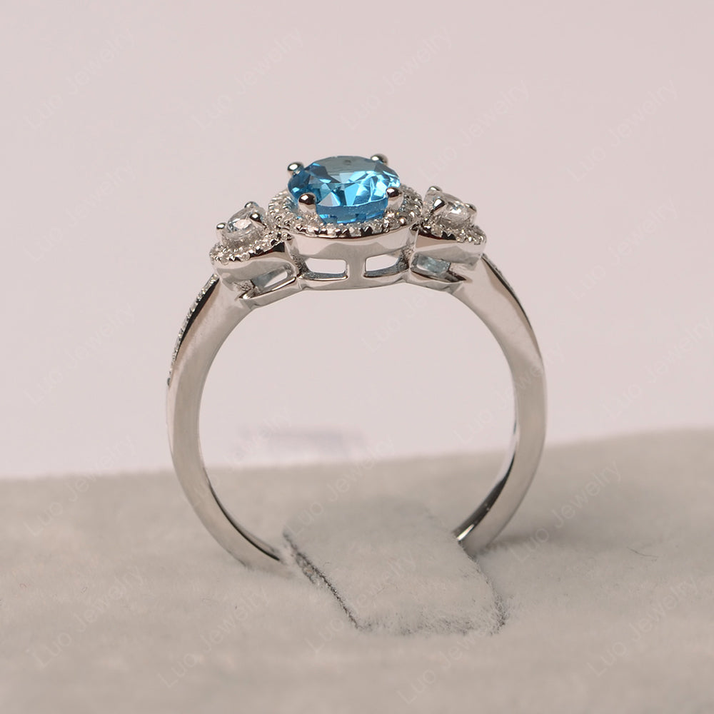 Oval Swiss Blue Topaz Ring Halo Engagement Ring - LUO Jewelry