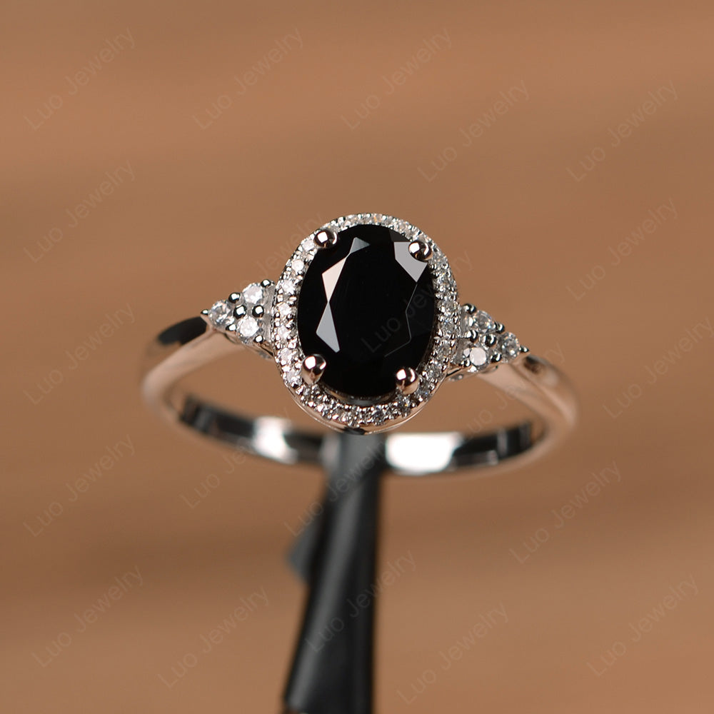 Oval Shaped Black Stone Halo Engagement Ring - LUO Jewelry