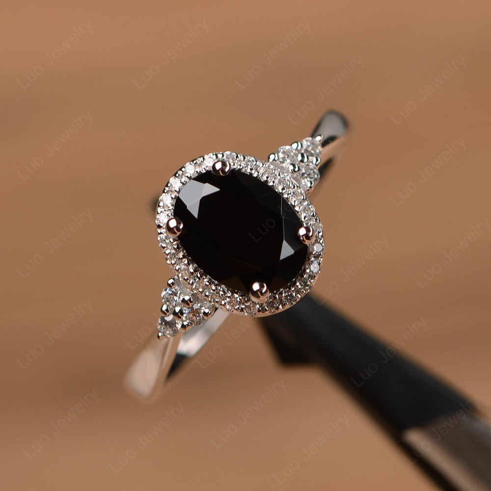 Oval Shaped Black Stone Halo Engagement Ring - LUO Jewelry