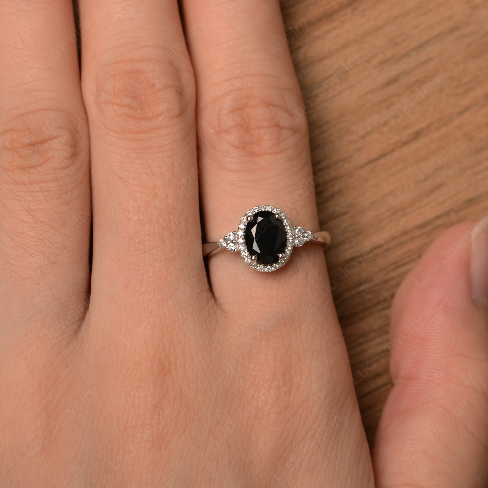 Oval Shaped Black Stone Halo Engagement Ring - LUO Jewelry