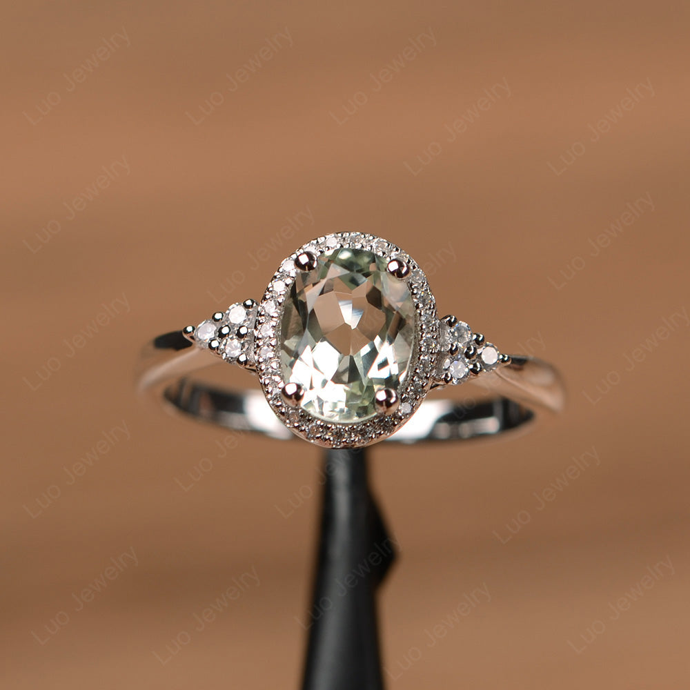 Oval Shaped Green Amethyst Halo Engagement Ring - LUO Jewelry