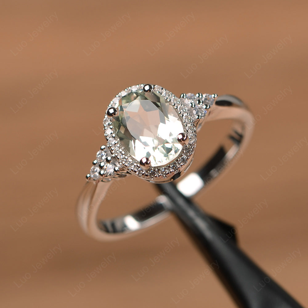 Oval Shaped Green Amethyst Halo Engagement Ring - LUO Jewelry