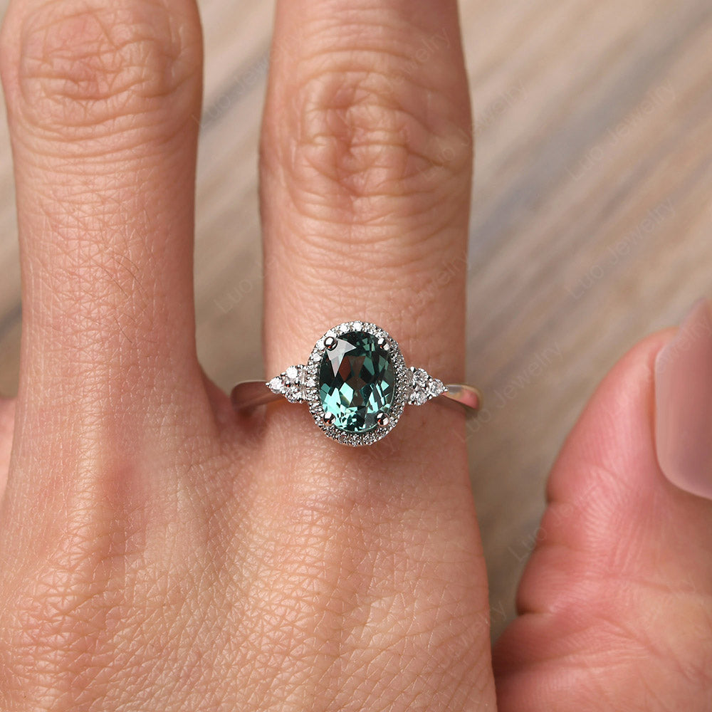 Oval Shaped Green Sapphire Halo Engagement Ring - LUO Jewelry