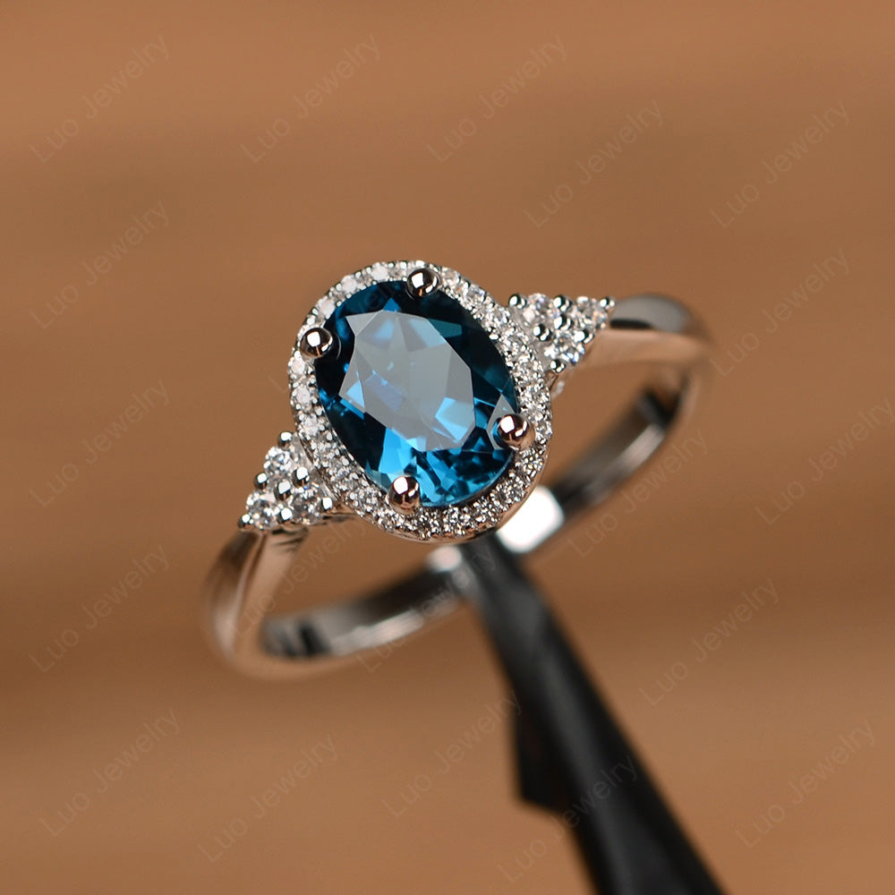 Oval Shaped London Blue Topaz Halo Engagement Ring - LUO Jewelry