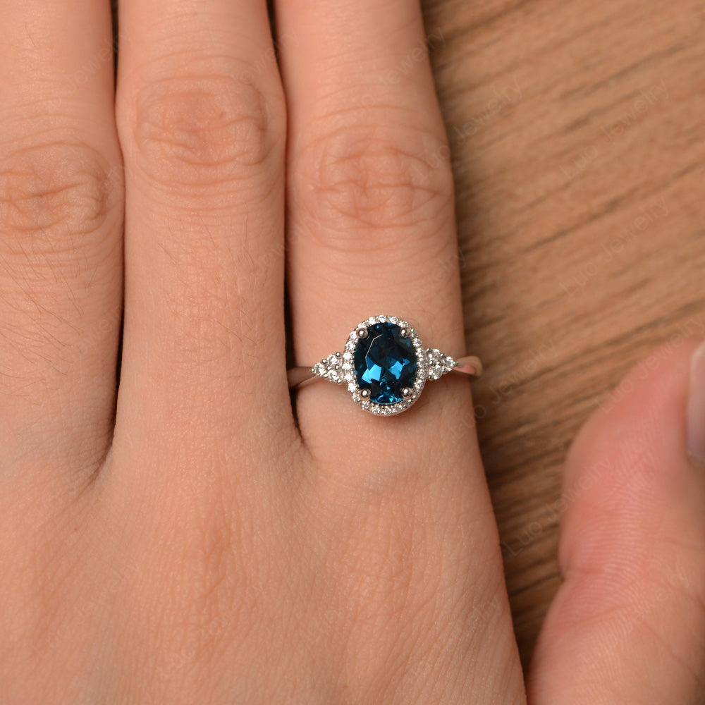 Oval Shaped London Blue Topaz Halo Engagement Ring - LUO Jewelry