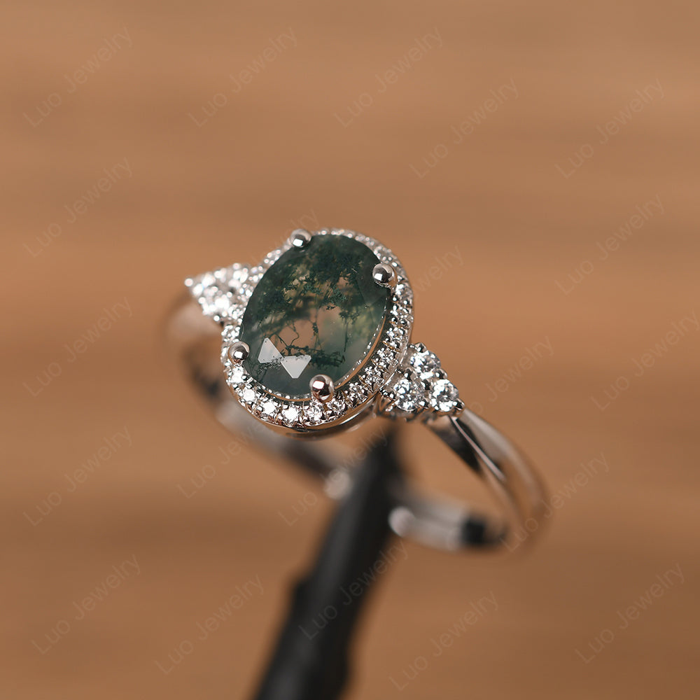Oval Shaped Moss Agate Halo Engagement Ring - LUO Jewelry