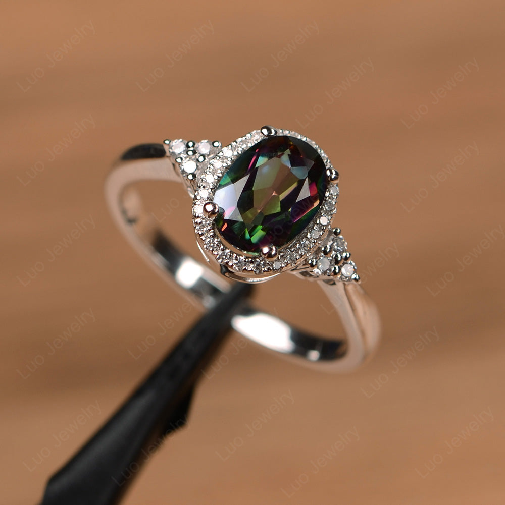 Oval Shaped Mystic Topaz Halo Engagement Ring - LUO Jewelry