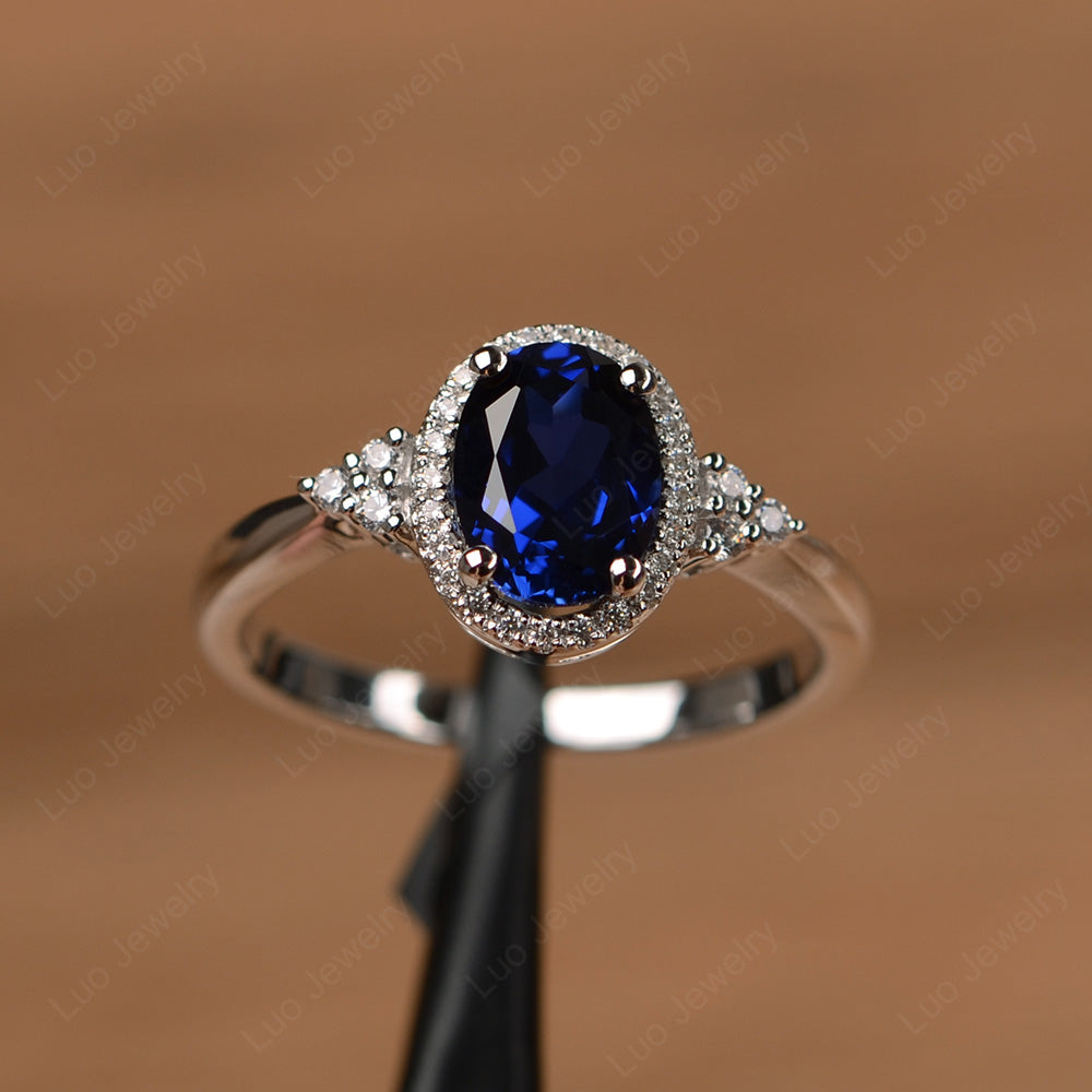 Oval Shaped Lab Sapphire Halo Engagement Ring - LUO Jewelry