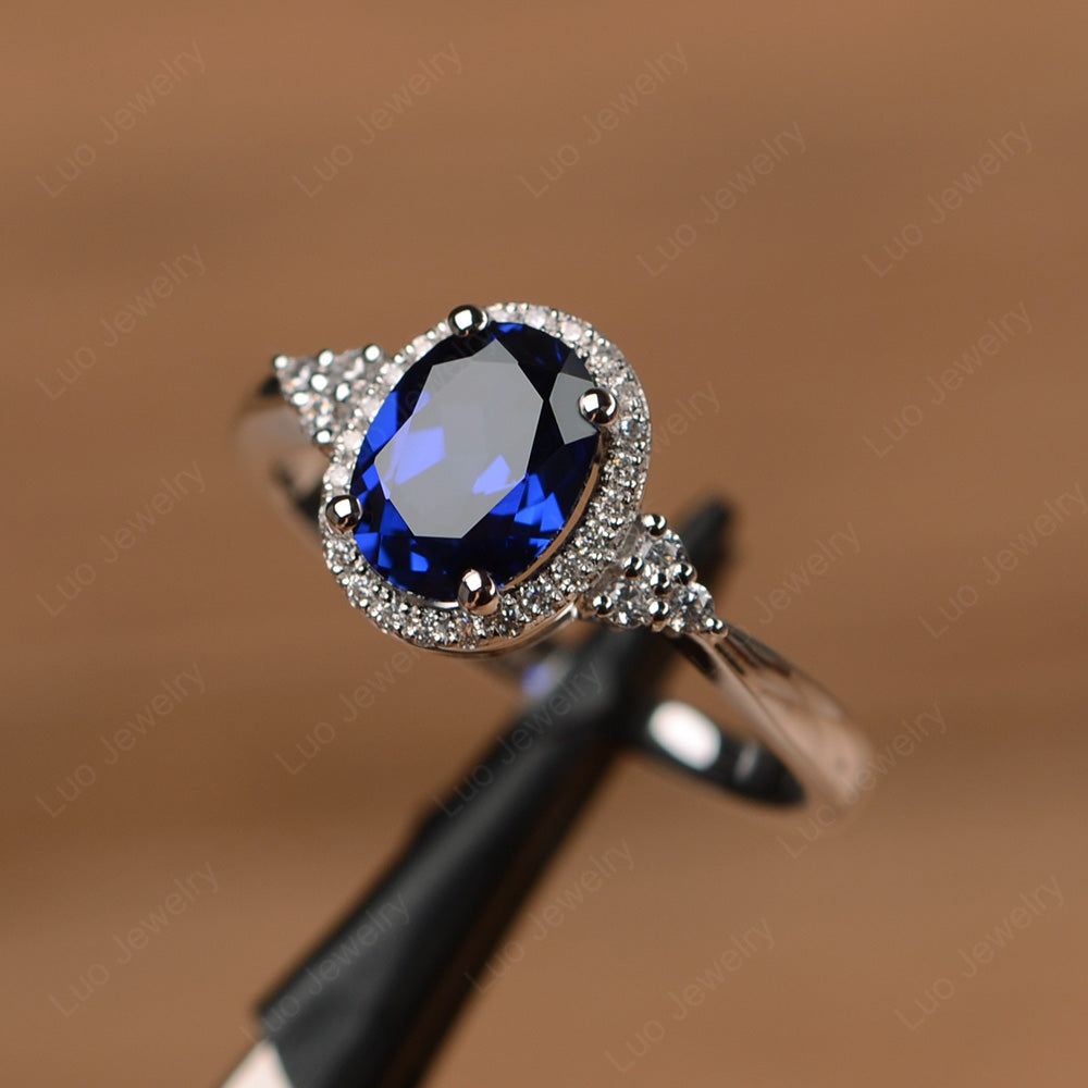 Oval Shaped Lab Sapphire Halo Engagement Ring - LUO Jewelry