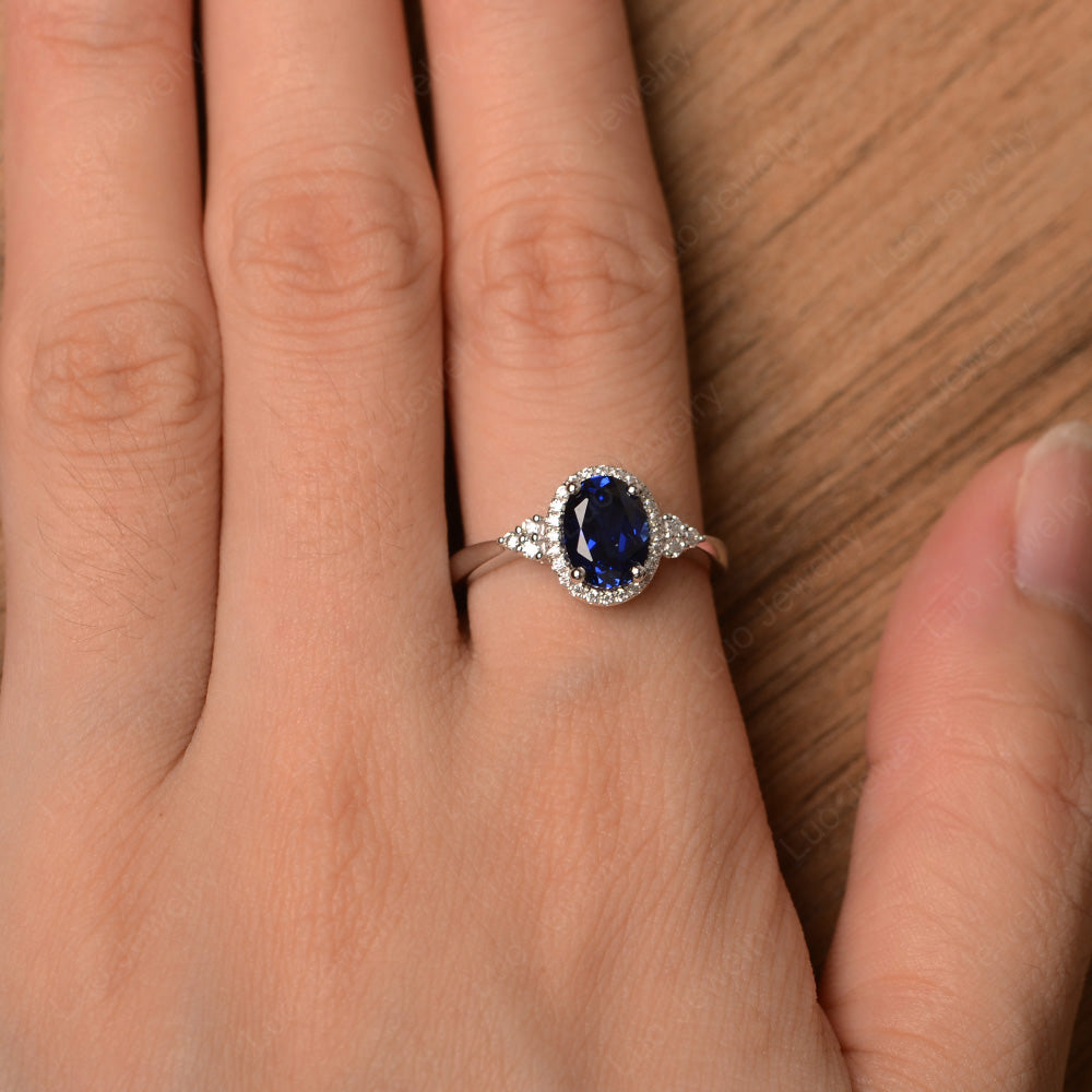 Oval Shaped Lab Sapphire Halo Engagement Ring - LUO Jewelry