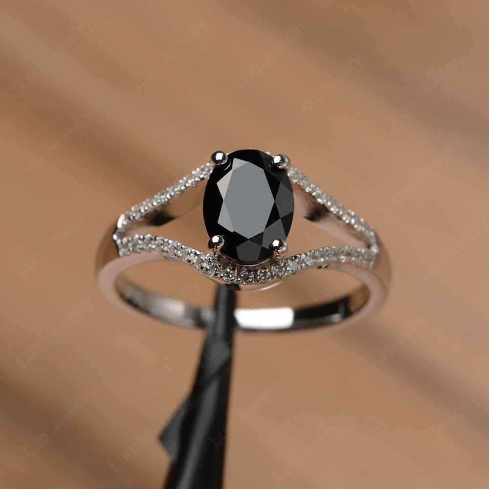 Oval Black Stone Ring Split Shank Sterling Silver - LUO Jewelry