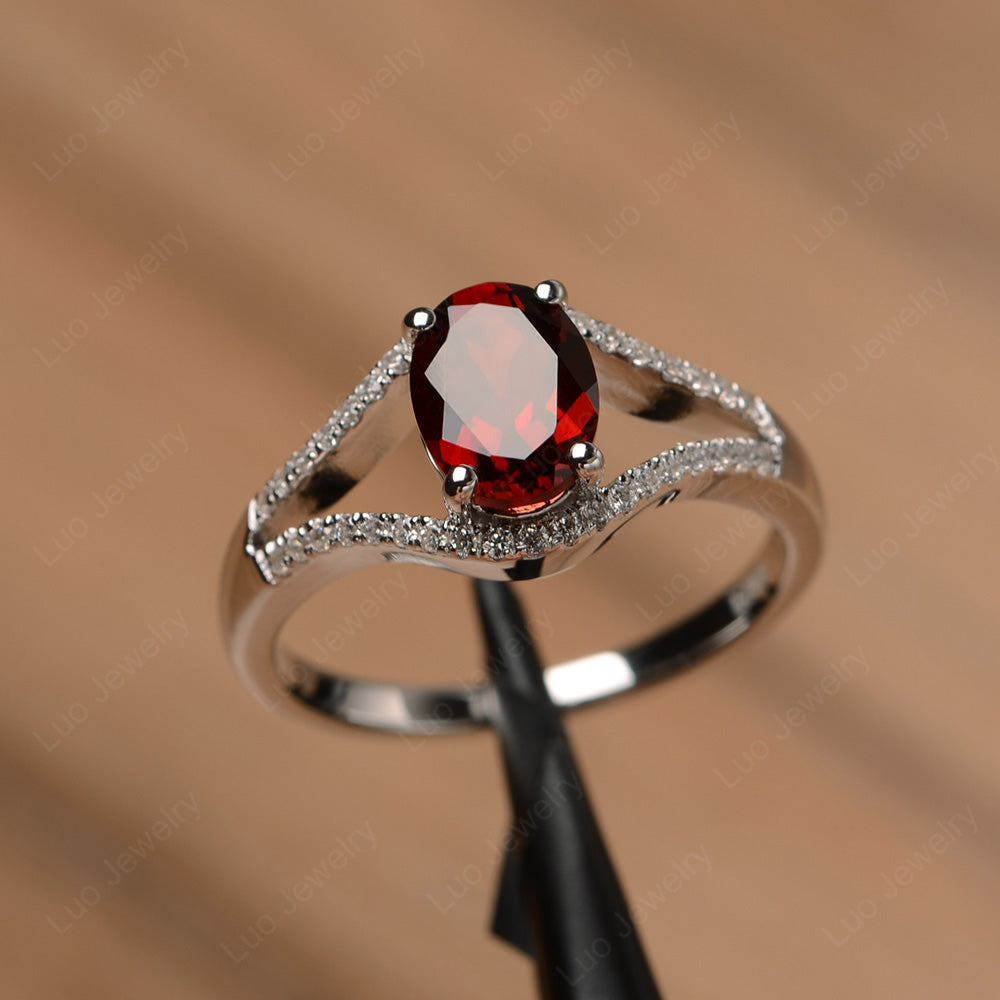 Oval Garnet Ring Split Shank Sterling Silver - LUO Jewelry