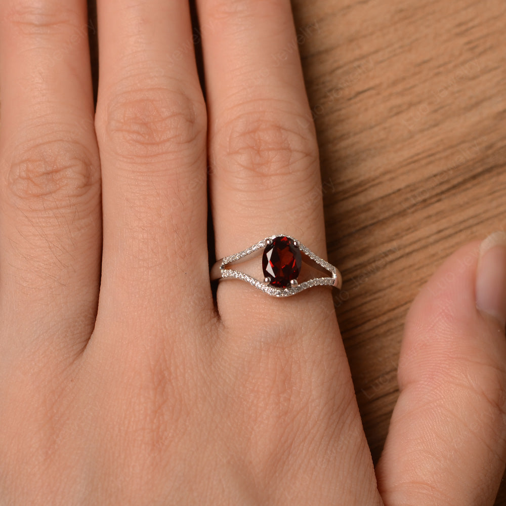 Oval Garnet Ring Split Shank Sterling Silver - LUO Jewelry