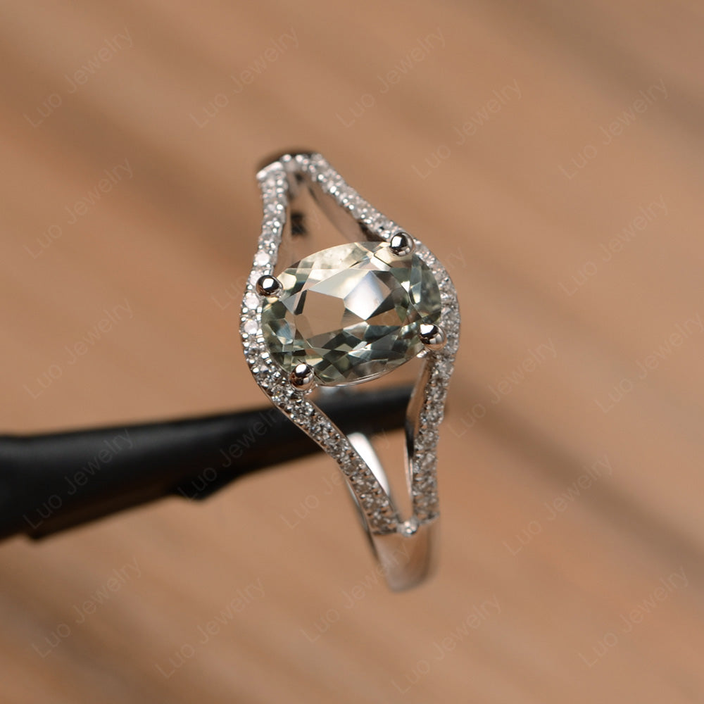 Oval Green Amethyst Ring Split Shank Sterling Silver - LUO Jewelry