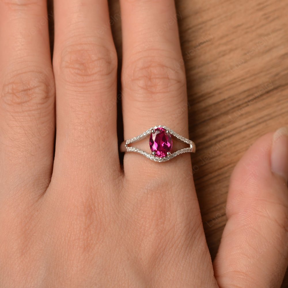 Oval Ruby Ring Split Shank Sterling Silver - LUO Jewelry