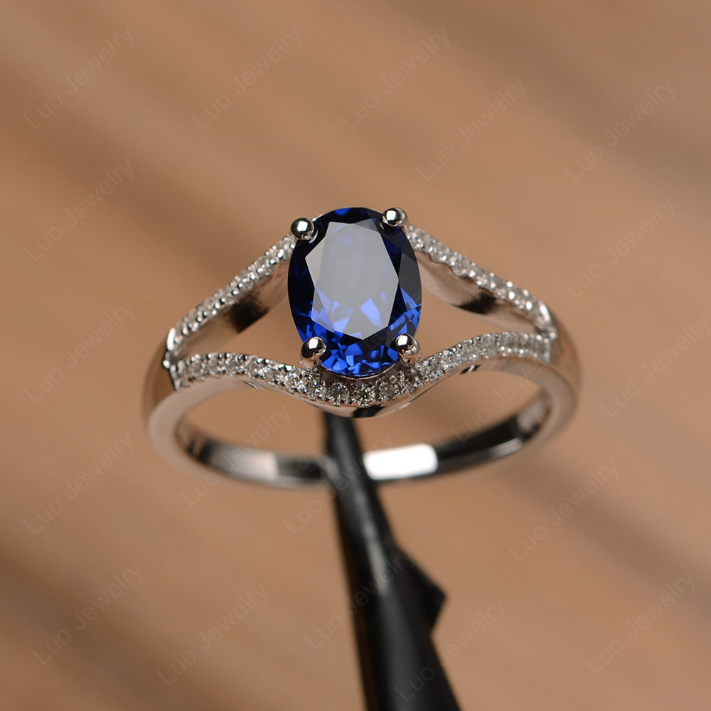 Oval Lab Sapphire Ring Split Shank Sterling Silver - LUO Jewelry