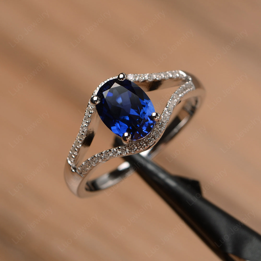 Oval Lab Sapphire Ring Split Shank Sterling Silver - LUO Jewelry