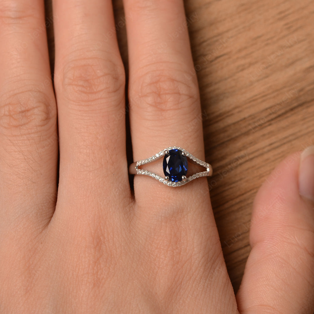 Oval Lab Sapphire Ring Split Shank Sterling Silver - LUO Jewelry