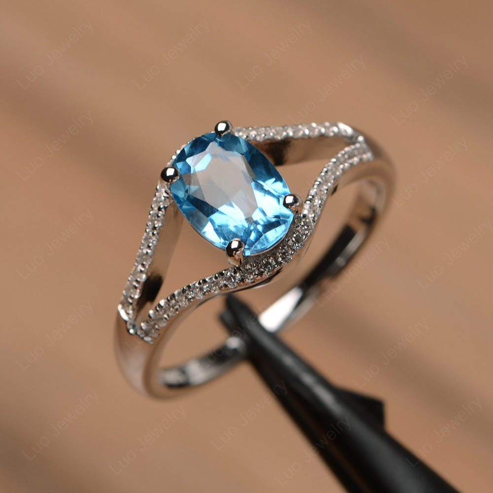 Oval Swiss Blue Topaz Ring Split Shank Sterling Silver - LUO Jewelry