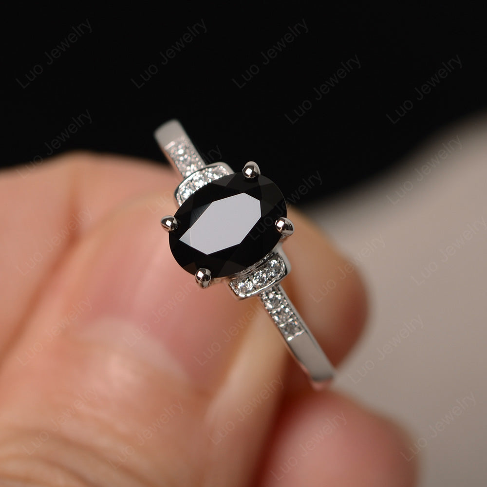 Black Stone Wedding Ring Oval Engagement Ring - LUO Jewelry
