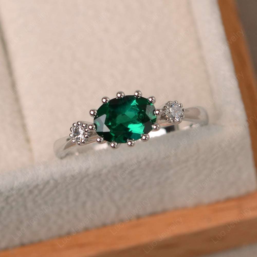 3 Stone Vintage Lab Emerald Mothers Wedding Ring - LUO Jewelry