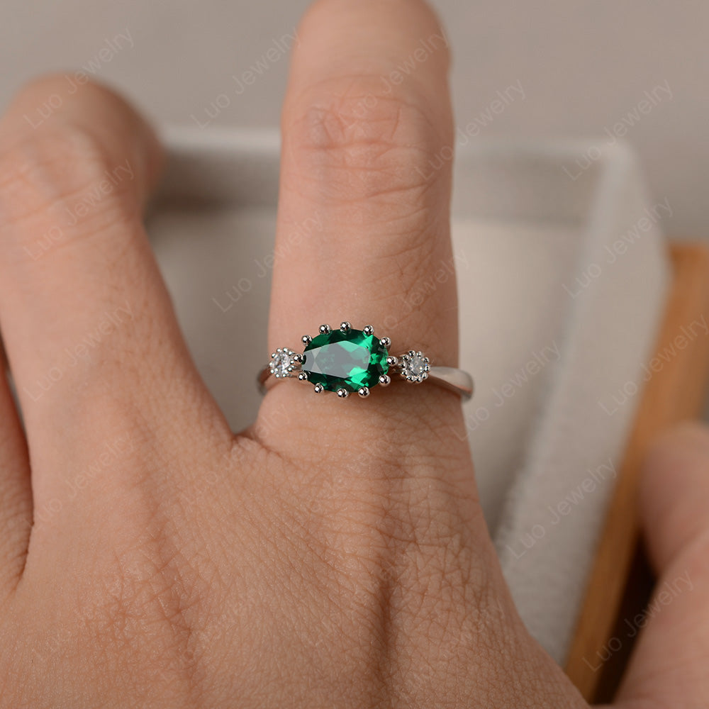 3 Stone Vintage Lab Emerald Mothers Wedding Ring - LUO Jewelry