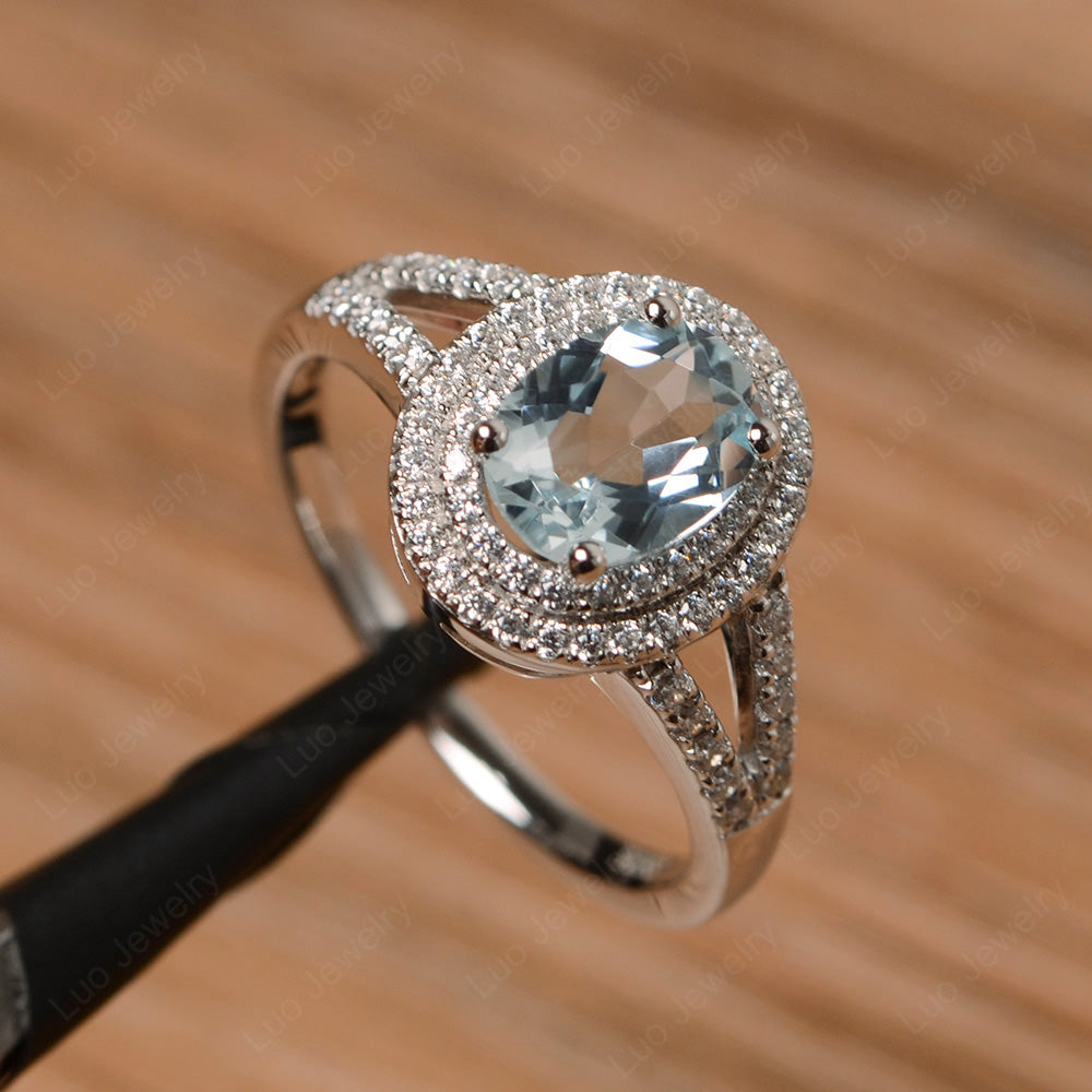 Aquamarine Double Halo Oval Engagement Ring - LUO Jewelry