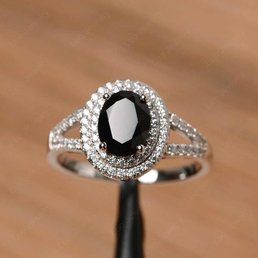 Black Stone Double Halo Oval Engagement Ring - LUO Jewelry