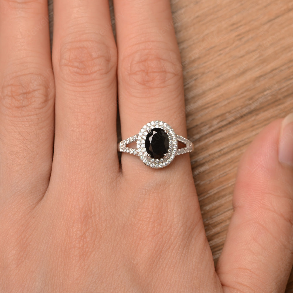Black Stone Double Halo Oval Engagement Ring - LUO Jewelry