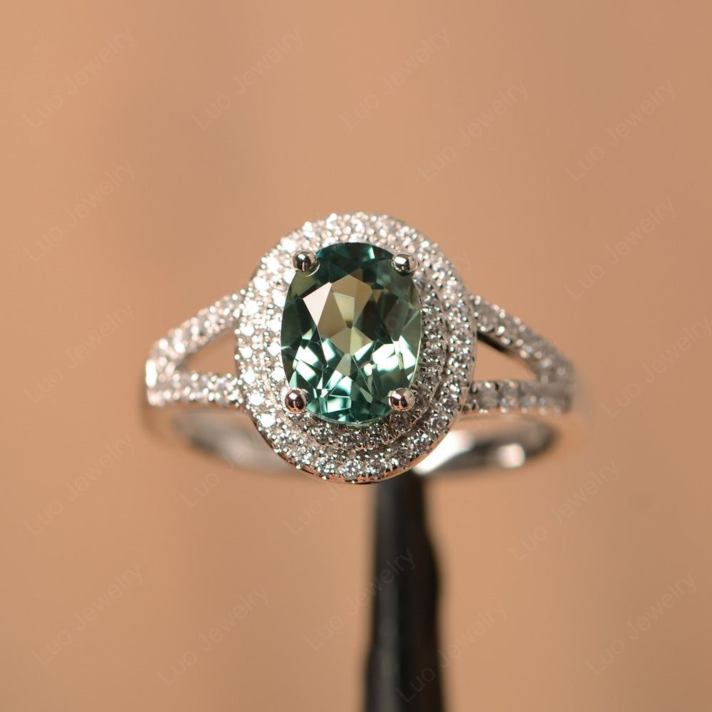 Green Sapphire Double Halo Oval Engagement Ring - LUO Jewelry