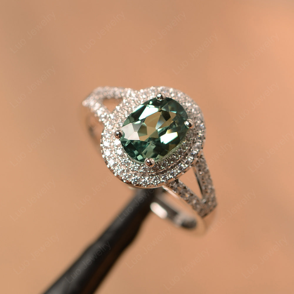 Green Sapphire Double Halo Oval Engagement Ring - LUO Jewelry