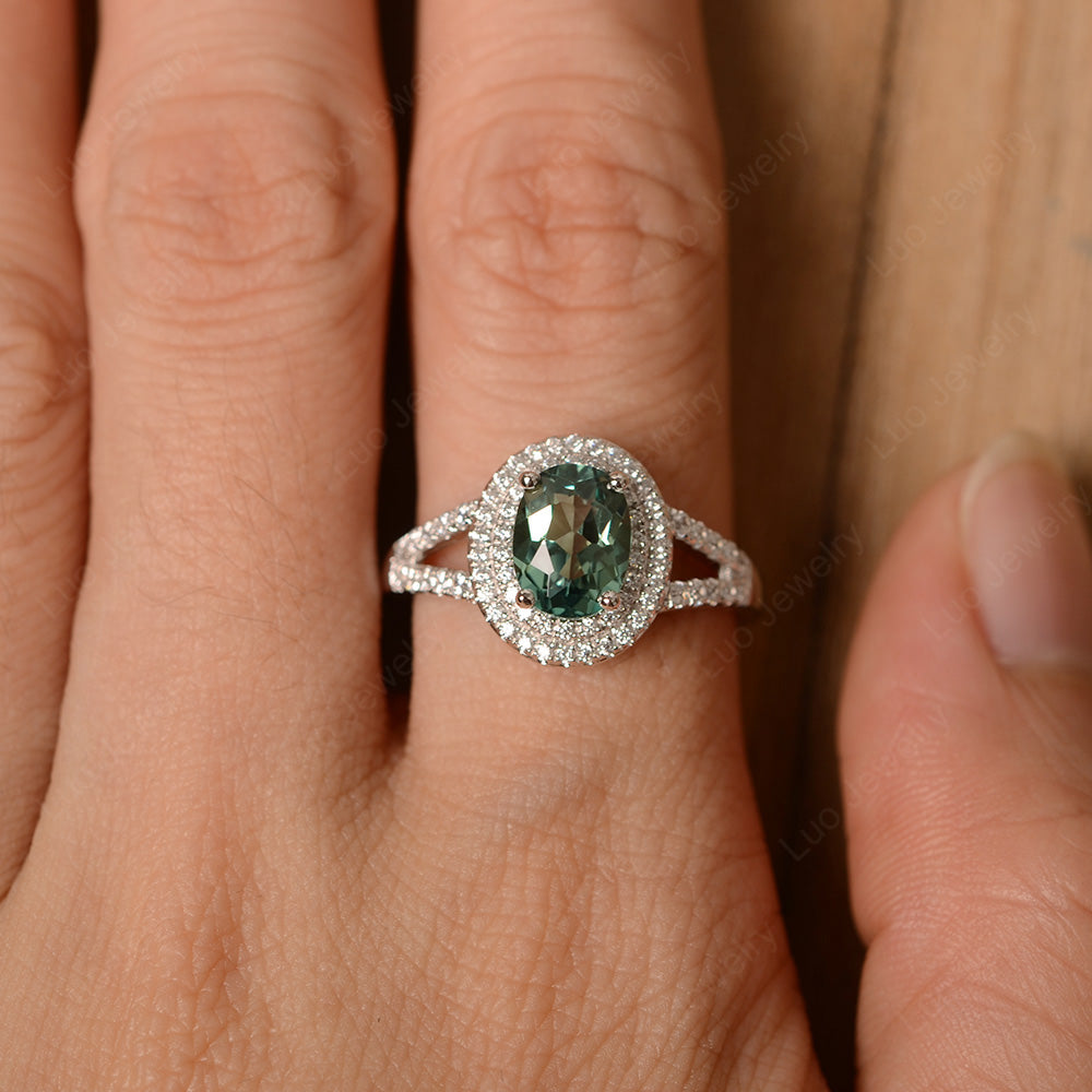 Green Sapphire Double Halo Oval Engagement Ring - LUO Jewelry