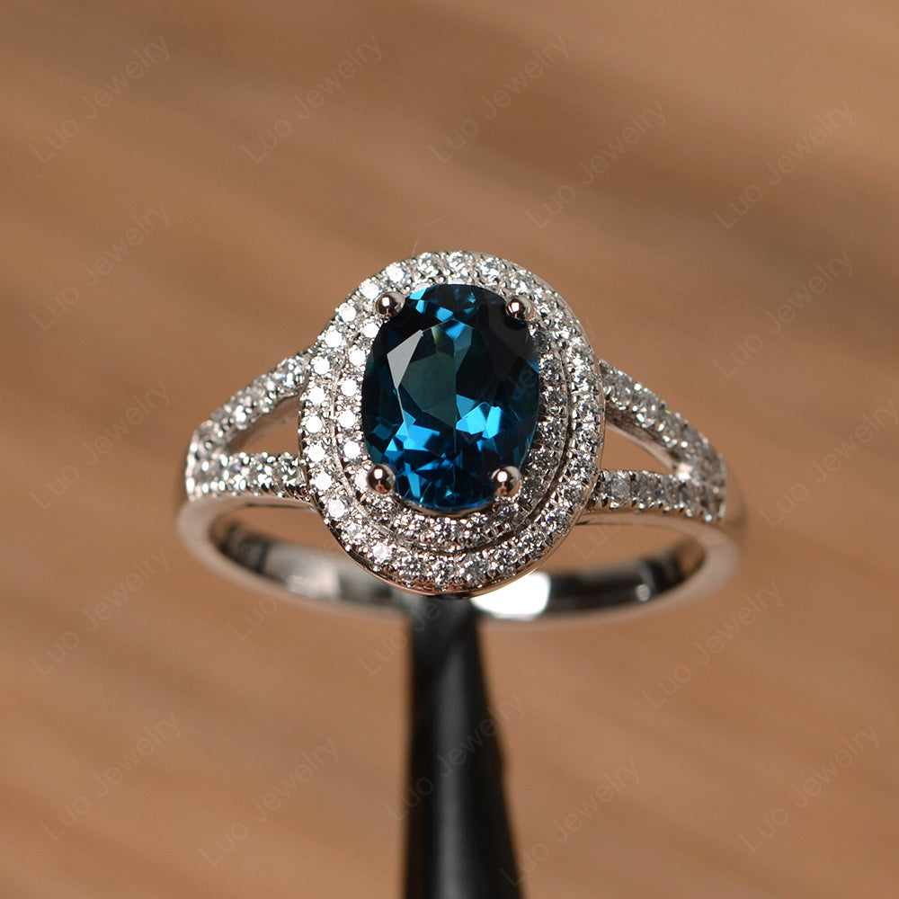 London Blue Topaz Double Halo Oval Engagement Ring - LUO Jewelry