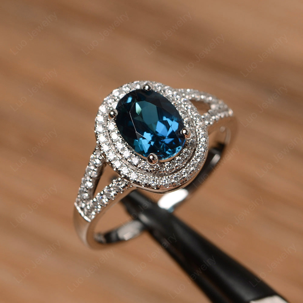 London Blue Topaz Double Halo Oval Engagement Ring - LUO Jewelry