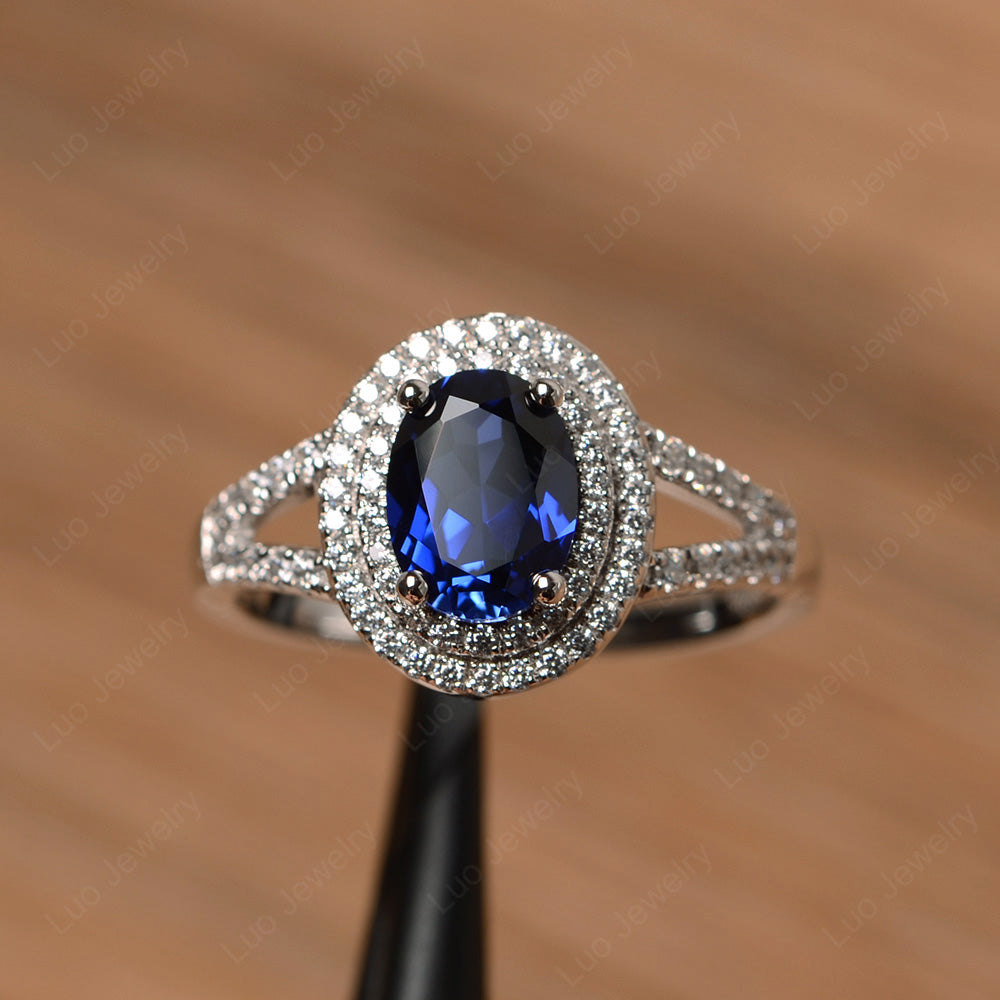 Lab Sapphire Double Halo Oval Engagement Ring - LUO Jewelry