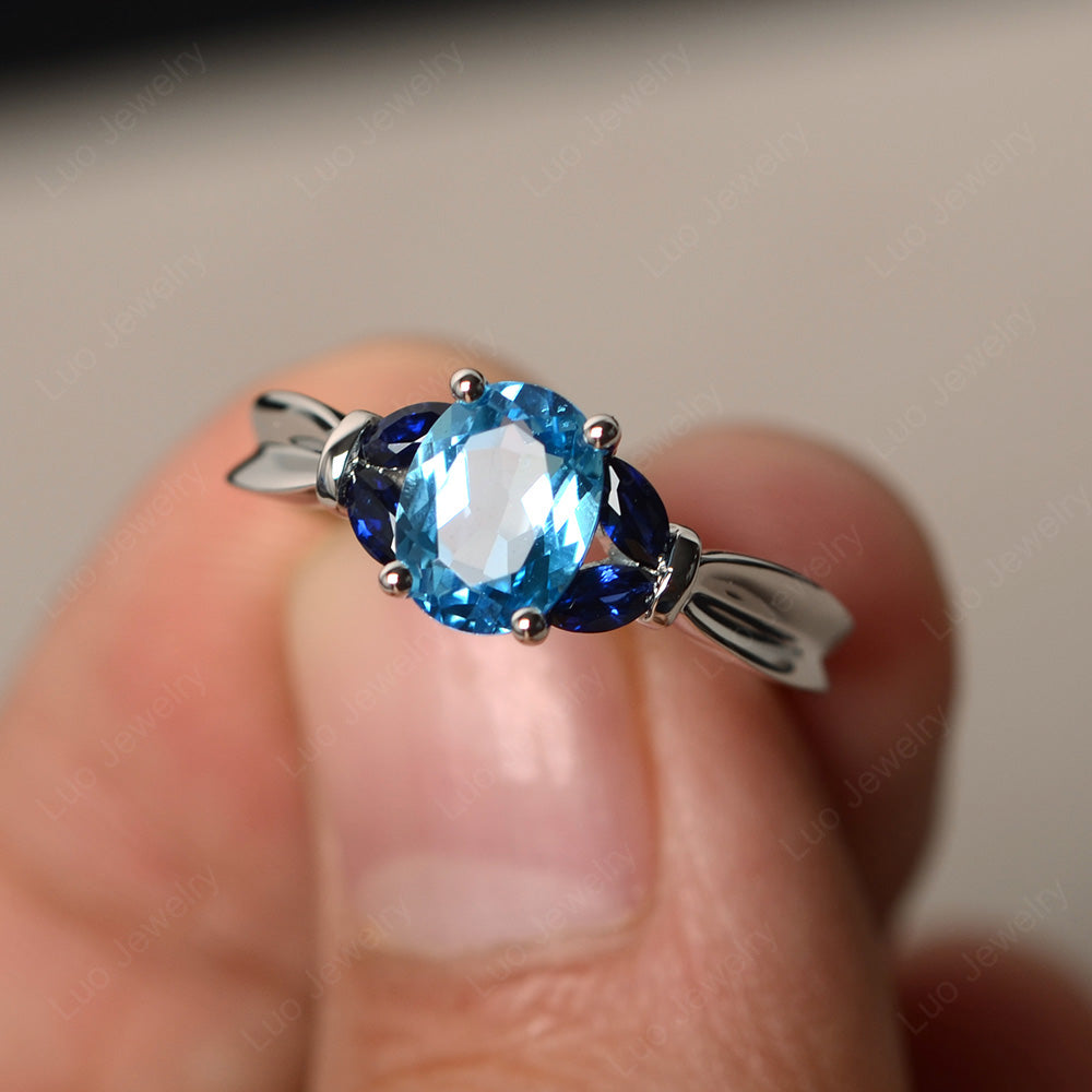 Oval Cut Art Deco Swiss Blue Topaz Ring Yellow Gold - LUO Jewelry