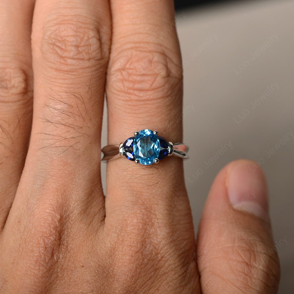 Oval Cut Art Deco Swiss Blue Topaz Ring Yellow Gold - LUO Jewelry