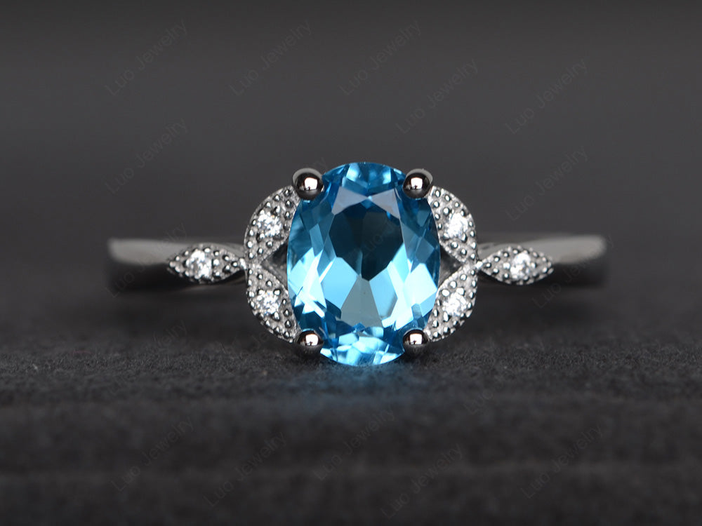 Swiss Blue Topaz Ring Vintage Oval Engagement Rings - LUO Jewelry