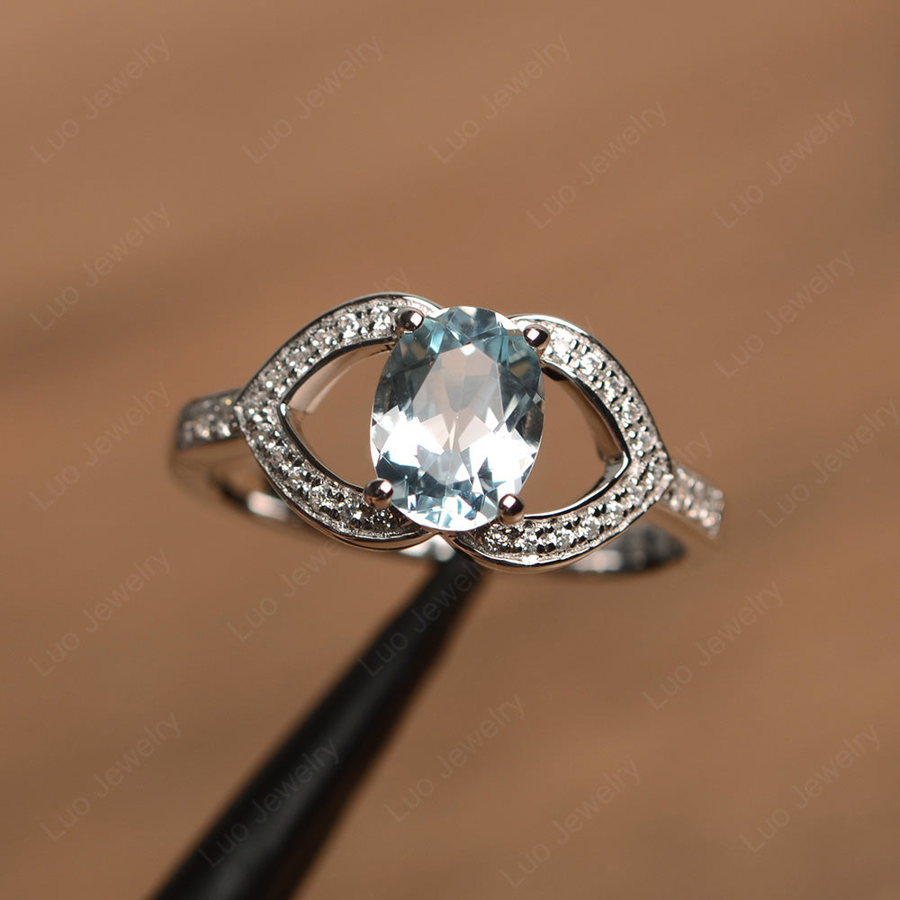 Oval Cut Aquamarine Split Shank Ring White Gold - LUO Jewelry