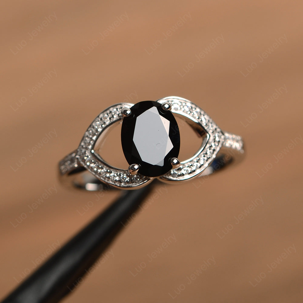 Oval Cut Black Stone Split Shank Ring White Gold - LUO Jewelry