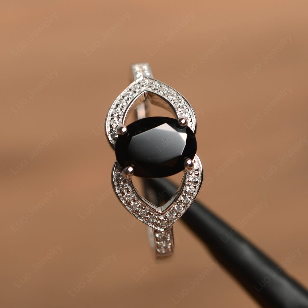 Oval Cut Black Stone Split Shank Ring White Gold - LUO Jewelry