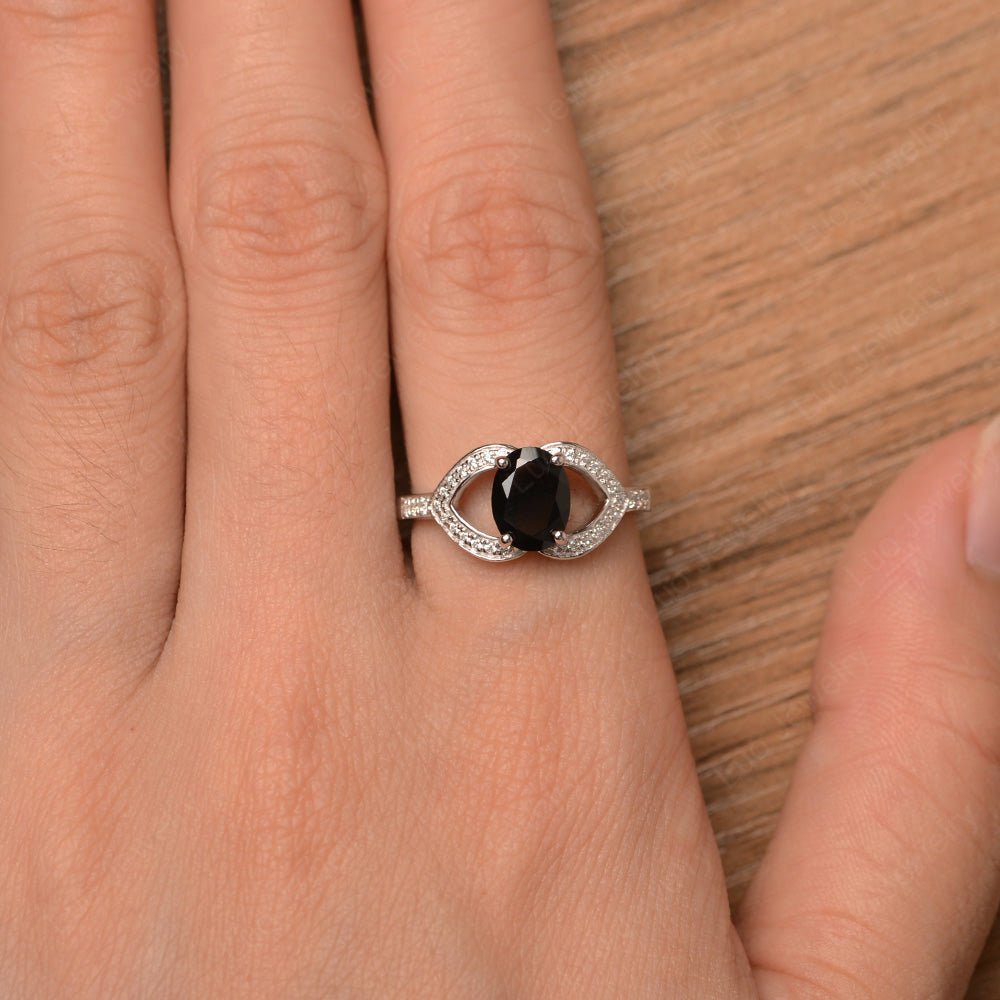 Oval Cut Black Stone Split Shank Ring White Gold - LUO Jewelry