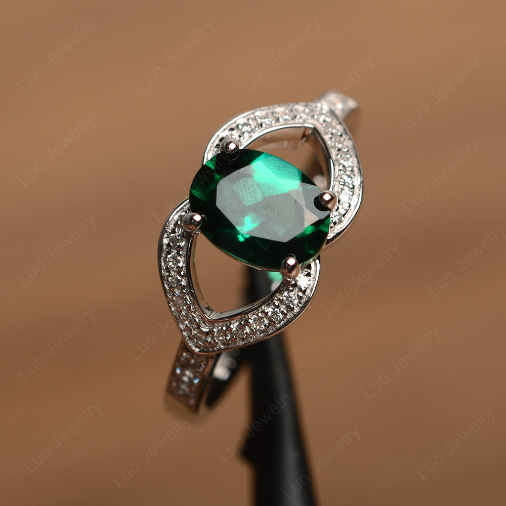 Oval Cut Lab Emerald Split Shank Ring White Gold - LUO Jewelry