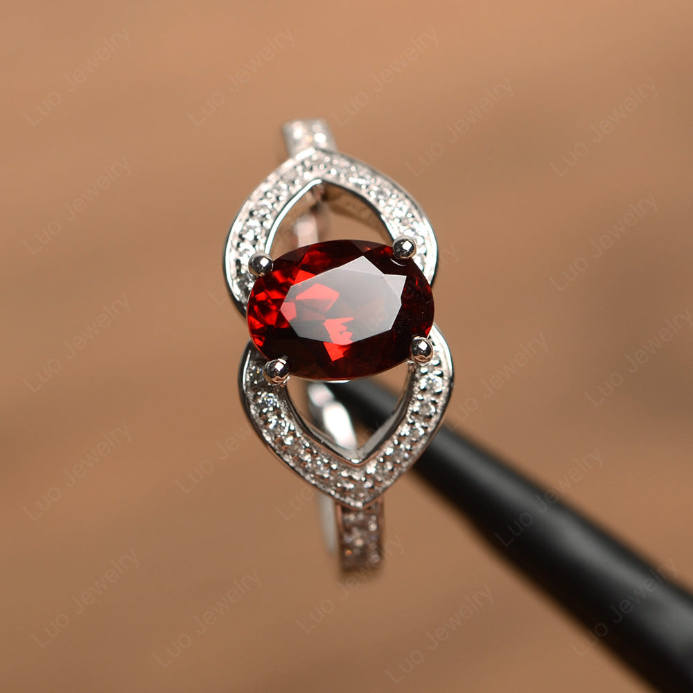 Oval Cut Garnet Split Shank Ring White Gold - LUO Jewelry