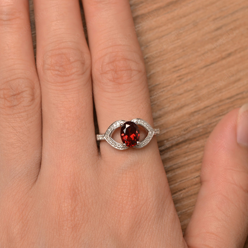 Oval Cut Garnet Split Shank Ring White Gold - LUO Jewelry